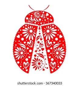Vector illustration. Icon of decorative ornamental red ladybug, isolated over white background