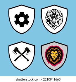 Vector illustration icon design, shield with lion head symbol, gear machine, and double axe.