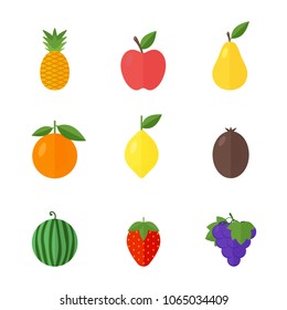 Vector illustration of icon different fresh fruits on white background, set including pineapple, apple, pear, orange, lemon, kiwi, grapes, watermelon, strawberry. Flat style vector illustration
