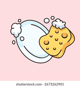 Icono de Ilustración vectorial de lavavajillas con esponja, mostrando la placa de limpieza de manos con burbujas de jabón.