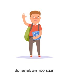 Vector illustration icon elementary school boy colorful clothes with textbook and backpack isolated white background. Cartoon style