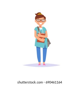 Vector illustration icon elementary school girl colorful clothes with textbook and backpack isolated white background. Cartoon style