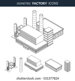 Vector illustration. Vector icon and elements of industrial factory. Office building, production shop, pipe, silo. Isometric, 3D. Contour, outline