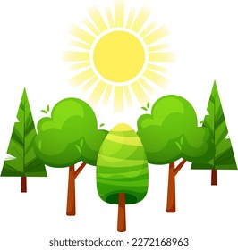 Vector illustration, icon with five green different trees and the sun above them