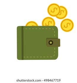 Vector illustration, icon, flat design. Flat wallet with money, coins and credit card, cash.