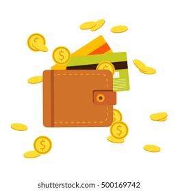 Vector illustration, icon, flat design. Flat wallet with money, coins and credit card, cash.