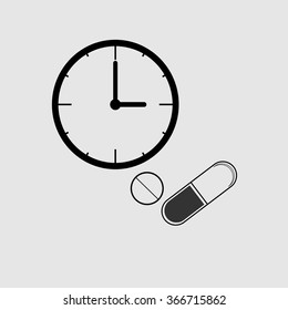 Vector illustration, icon flat, Medicine time prescription (Pills on time). The concept of health care.