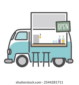 Vector illustration icon of a food truck lined up at a bustling farmers market