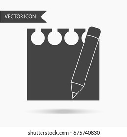 Vector illustration of an icon in the form of a sheet of notepad and pencil. Flat icon on white background.