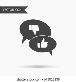 Vector illustration of an icon in the form of two callouts, dialog circles with the image of a finger raised up and a thumb lowered on a white background.
