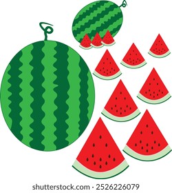 Vector Illustration Icon a fresh, juicy watermelon cut into multiple triangular slices, perfect for summer themed designs, food blogs, and product packaging.