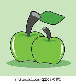 Vector or Illustration of icon fruit. Two green apples side by side with leaves attached to stems. For background and textured.