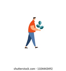 Vector illustration icon garden man holding plant. Concept of the planting and care of plants