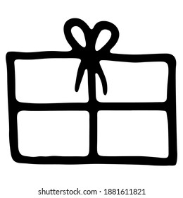 Vector illustration. Icon gift box isolated on white. Theme of holiday, presents and happy. Simple hand drawn doodle clipart. For poster, collage, card, banner, social media.