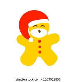 Vector illustration icon of gingerbread man dressing in red Santa Claus' clothes on a white background