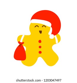 Vector illustration icon of gingerbread man with gift bag, dressing in red Santa Claus' clothes on a white background