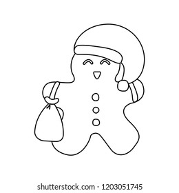 Vector illustration icon of gingerbread man with gift bag, dressing in Santa Claus' clothes on a white background. Black outline