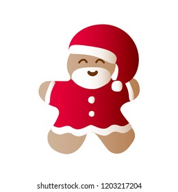 Vector illustration icon of gingerbread man with beard and dressing in red Santa Claus' clothes on a white background