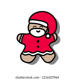 Vector illustration icon of gingerbread man with beard and dressing in red Santa Claus' clothes on a white background
