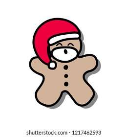 Vector illustration icon of gingerbread man with beard and dressing in red Santa Claus' clothes on a white background