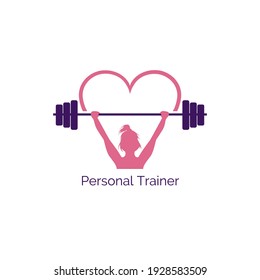 Vector illustration icon of a girl lifting a barbell. Personal trainer concept in pink and purple feminine style