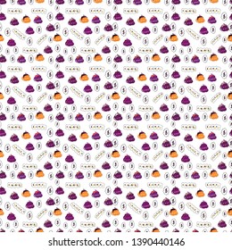 Vector illustration. Icon gold coin dollar. Finance pattern on white, purple and black background. American Dollar The king of currencies. Seamless pattern business pattern.