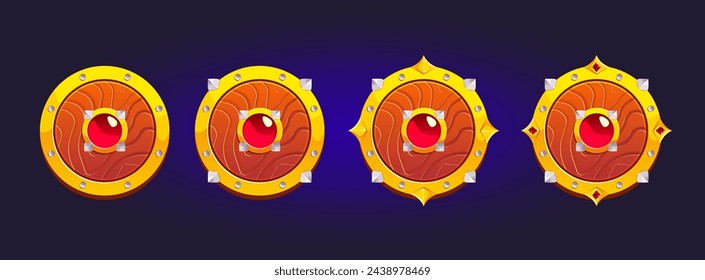 Vector; illustration; icon; gold; frames; set; round; shields; ranks; game; blue; background; award; highest; level; cartoon; 
