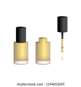 Vector illustration icon of gold nail polish  bottles (opened and closed) with big brush and drop of polish