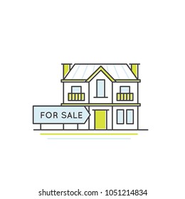 Vector Illustration Icon Graphic Element of House ar Apartment For Sale, Landscape with Building and Signn, Isolated Web Element