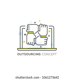 Vector Illustration Icon Graphic Element of Outsourcing Convept with Online Network, Laptop and Hands Connected Together, Handshake
