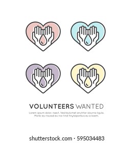 Vector Illustration Icon Graphic Element for Nonprofit Organizations and Donation Centre. Fundraising Symbols. Crowdfunding Project Label. Charity Logo, Blood donation flyer banner, Donor Symbol