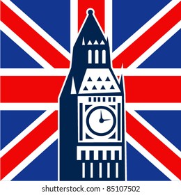 vector illustration of icon with Great Britain  British Union Jack flag and Big Ben Clock Bell Tower