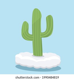 Vector Illustration of Icon Green Cactus on Cloud and Blue Color Background