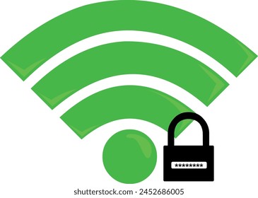 Ilustración del ícono de la Ilustración vectorial de la Contraseña de señal wifi verde y el Código de seguridad desbloqueado candado en blanco y negro, concepto de acceso a internet