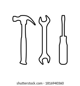 Vector illustration icon of hammer, wrench and screwdriver, mechanical repair tools, isolated on white background.
