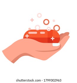 Vector illustration, icon. Hand holds foamed soap. Clean hands, hygiene.