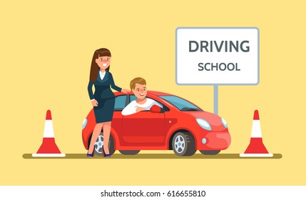 Vector illustration icon of happy young man siting in red driving school car and woman in a business suit in flat style. Design concept drivers education.