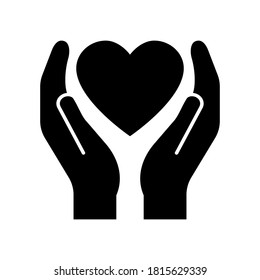 Vector illustration icon of heart between hands, two hands protecting heart.