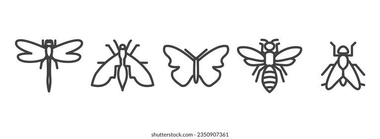 Vector Illustration icon of insect. flying insects and beetles. insects icon isolated on white background, Insects icon. Bugs line icons set. Vector illustration