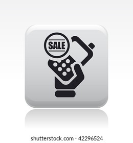 Vector illustration of icon isolated in a modern style, depicting a hand holding a mobile phone with the sale  symbol