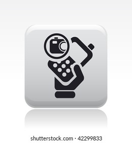 Vector illustration of icon isolated in a modern style, depicting a hand holding a mobile phone with the photo symbol