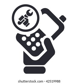 Vector illustration of icon isolated in a modern style, depicting a hand holding a mobile phone with the wrench symbol