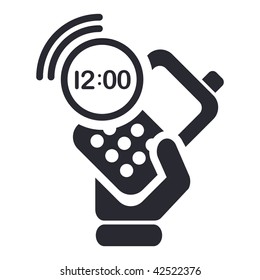 Vector illustration of icon isolated in a modern style, depicting a hand holding a mobile phone with the symbol alarm