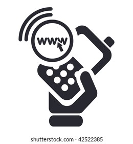 Vector illustration of icon isolated in a modern style, depicting a hand holding a mobile phone with the internet browse symbol