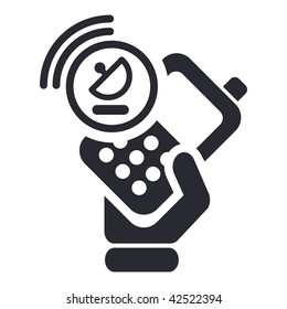 Vector illustration of icon isolated in a modern style, depicting a hand holding a mobile phone with the satellite browse symbol