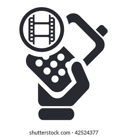 Vector illustration of icon isolated in a modern style, depicting a hand holding a mobile phone with the multimedia symbol