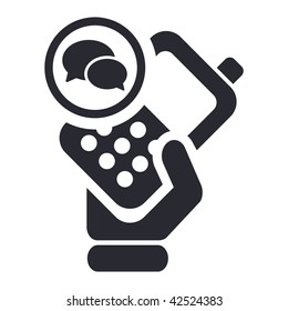 Vector illustration of icon isolated in a modern style, depicting a hand holding a mobile phone with the chat symbol