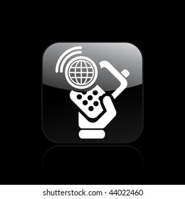 Vector illustration of icon isolated in a modern style, depicting a hand holding a mobile phone with the world symbol