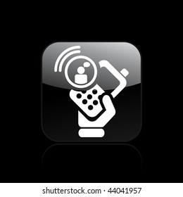 Vector illustration of icon isolated in a modern style, depicting a hand holding a mobile phone with the chat symbol