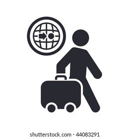 Vector illustration of icon isolated in a modern style, depicting a tourists walking with suitcase